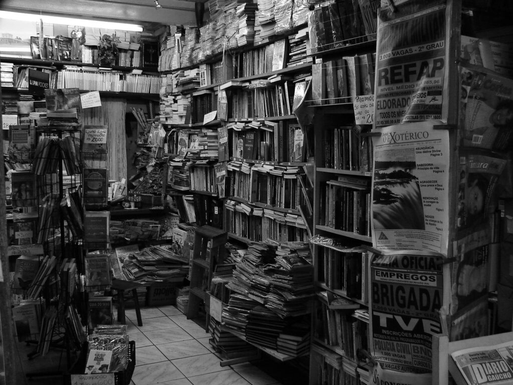 A room filled with lots of books and magazines.